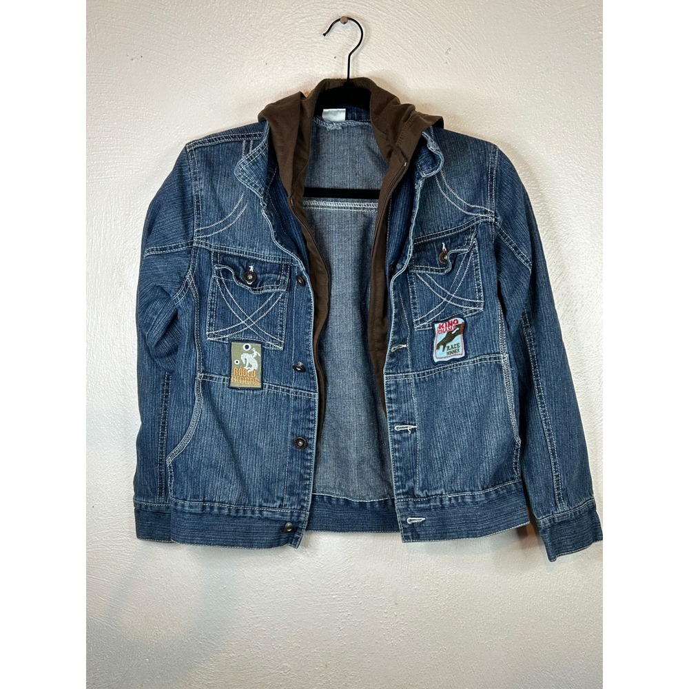 Cantarana Womens Y2K Denim Jacket Brown Hooded Western Rodeo Graphic Blue 14